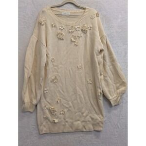 La February‎ Floral Applique Knit Sweater Tunic Dress - Cream - Excellent